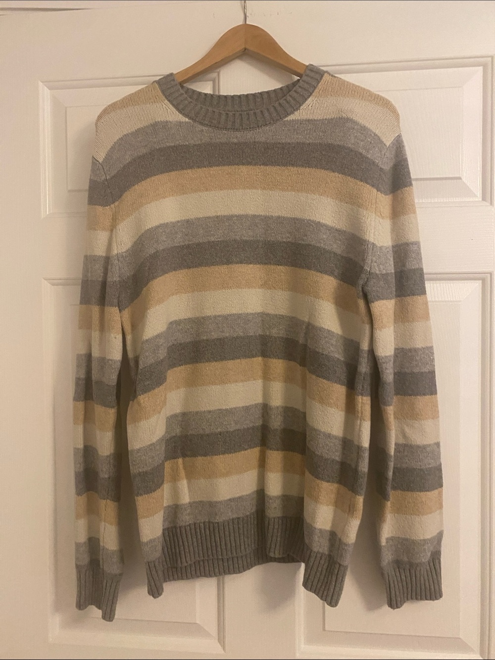 GAP Neutral Striped Crewneck Sweater in Gray, Cream, and Tan
